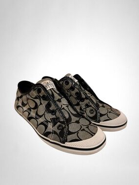 Coach Kira Laceless Slip On Sneakers Jacquard Black White Logo